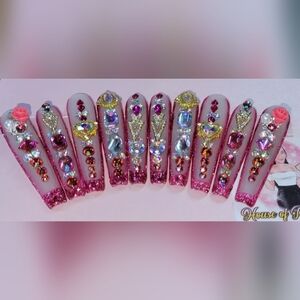 Pink Glitter Rhinestone Nail Set